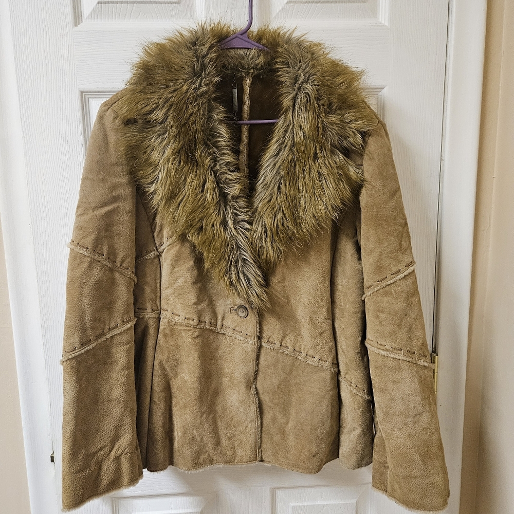 Winlet Vintage 90s y2k Penny Tan Leather Faux Fur Collar Plush Jacket xl